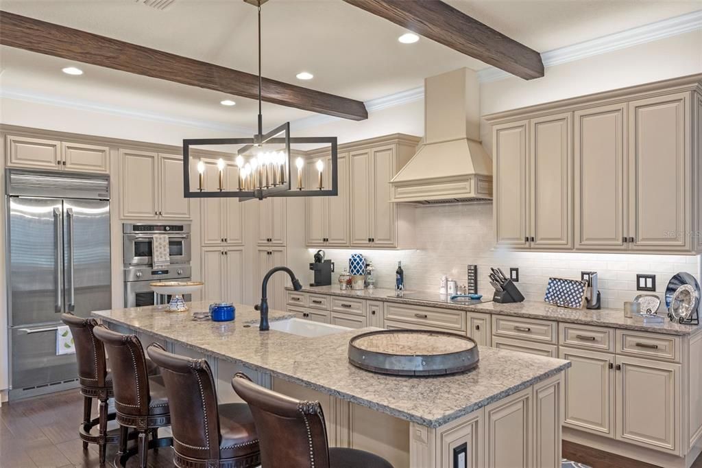 Interior, Kitchen, Pendant Lights, Recessed Lighting, Stainless Steel Appliances, Wooden Beams, Wood Texture Flooring