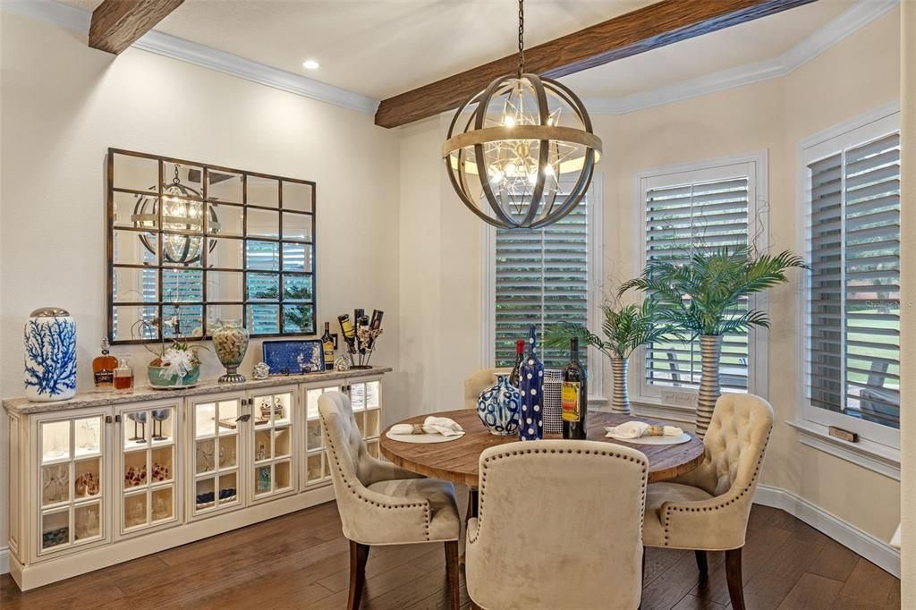 Dining room, Interior, Pendant Lights, Recessed Lighting, Wooden Beams, Wood Texture Flooring
