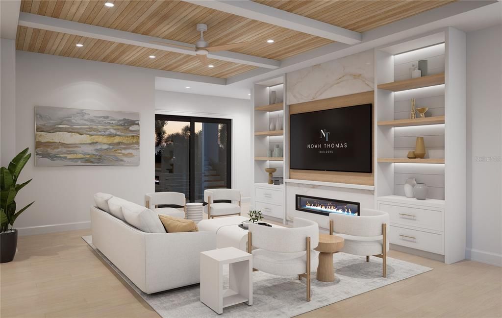 Fireplace, Interior, Living room, Marble Walls, Recessed Lighting, Wooden Ceilings, Wood Texture Flooring