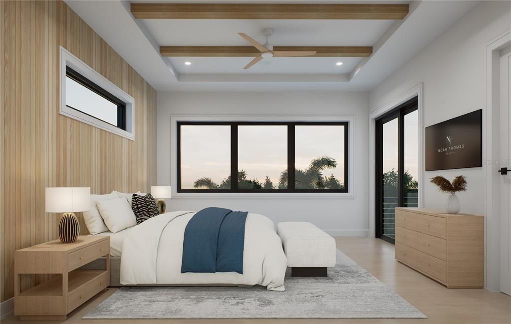 Bedroom, Interior, Recessed Lighting, Wooden Beams, Wood Texture Flooring