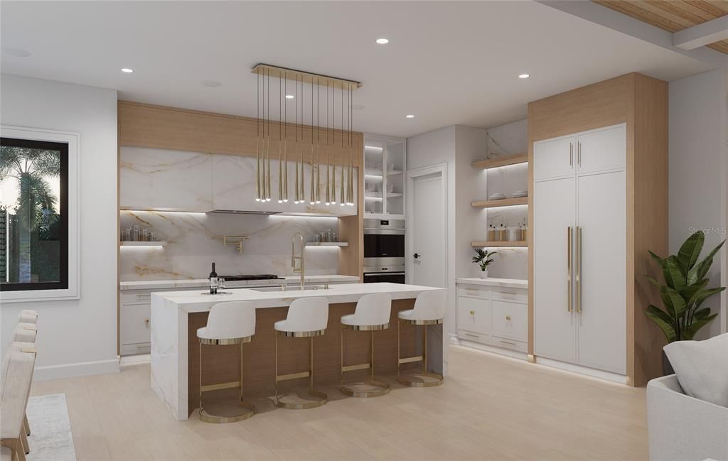 Interior, Kitchen, Marble Walls, Pendant Lights, Recessed Lighting, Stainless Steel Appliances