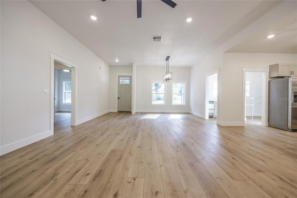 Empty room, Interior, Kitchen, Pendant Lights, Recessed Lighting, Wood Texture Flooring