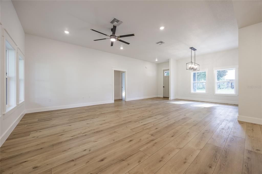 Empty room, Interior, Pendant Lights, Recessed Lighting, Wood Texture Flooring