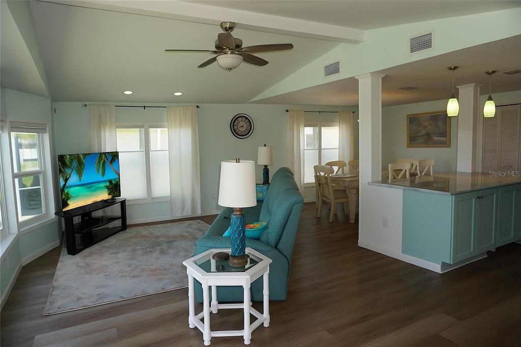 Dining room, Interior, Pendant Lights, Recessed Lighting, Wood Texture Flooring