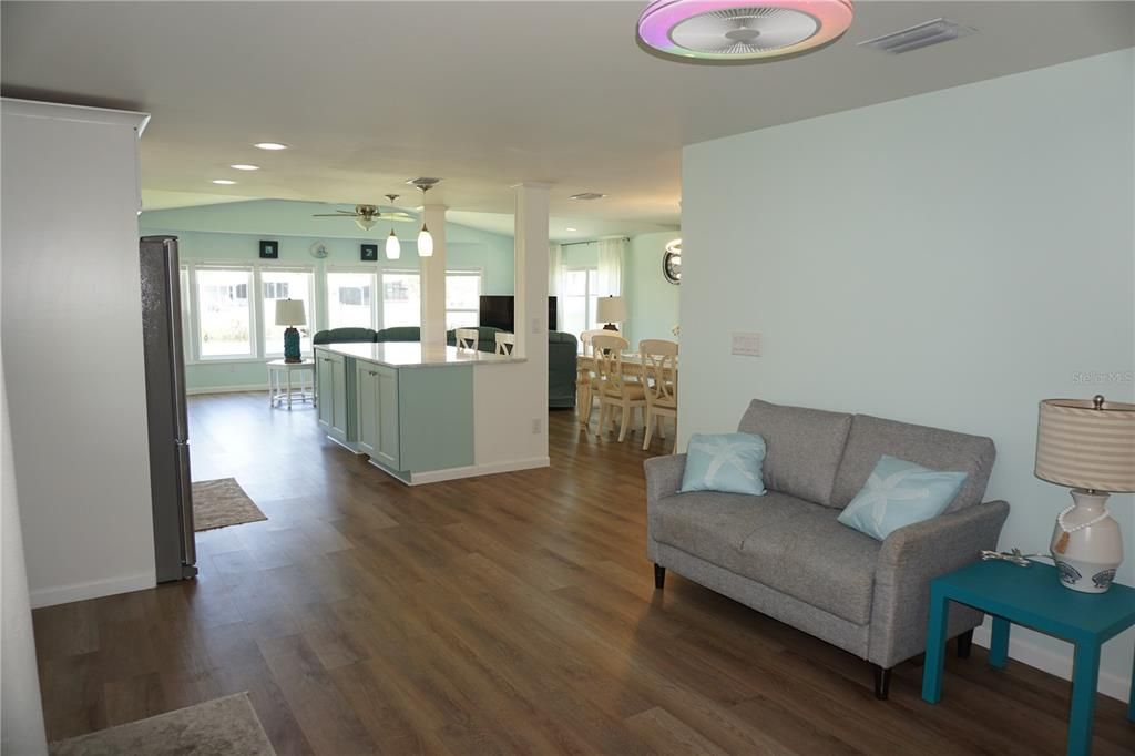 Dining room, Interior, Kitchen, Recessed Lighting, Wood Texture Flooring