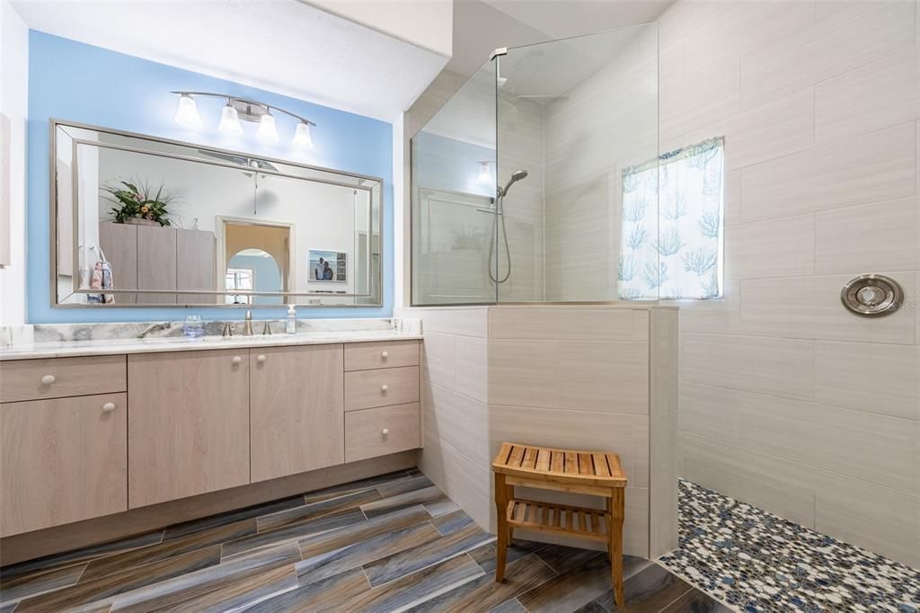 Bathroom, Glass Shower, Interior, Wood Texture Flooring