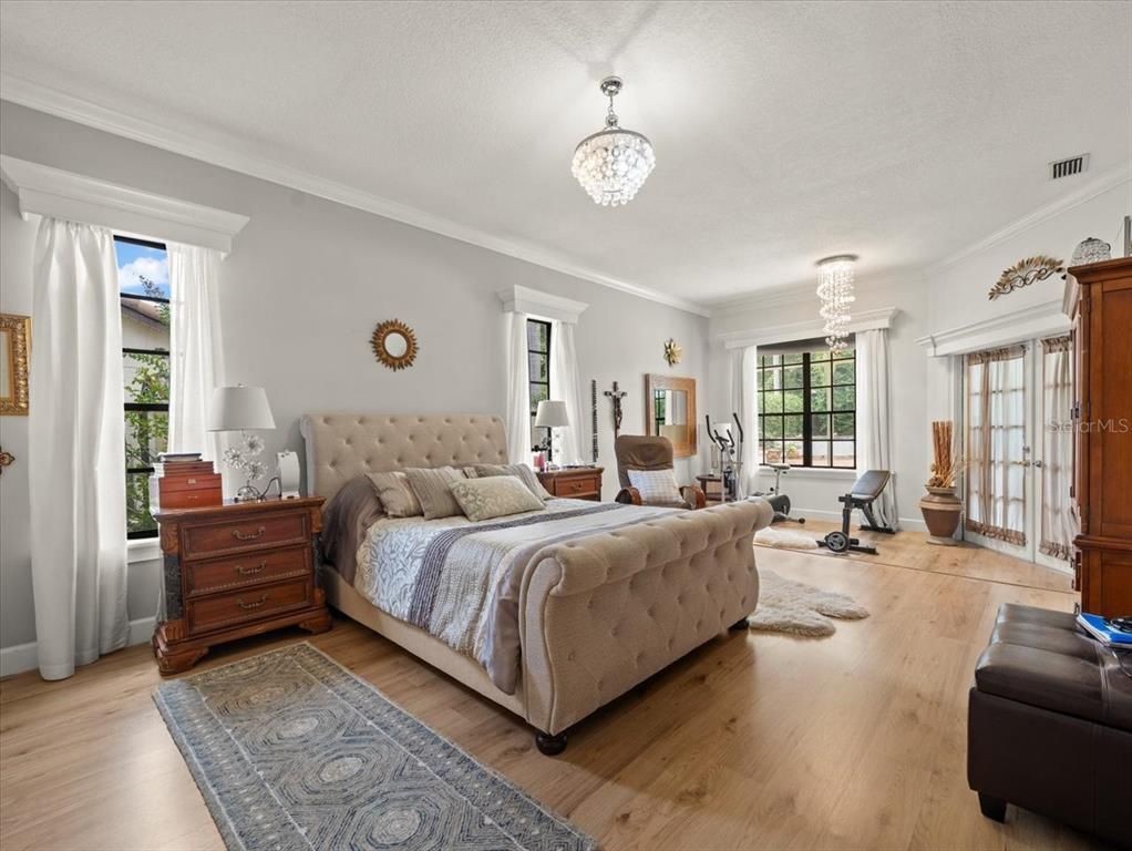 Bedroom, Chandelier, Interior, Wood Texture Flooring