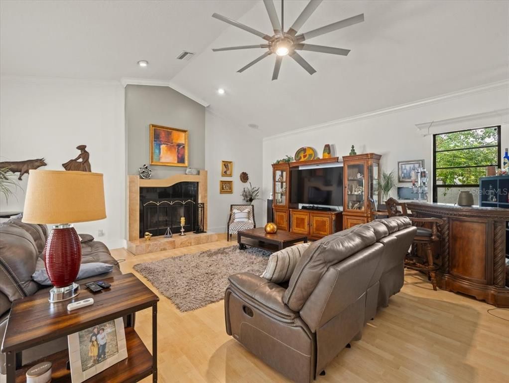 Fireplace, Interior, Living room, Recessed Lighting, Wood Texture Flooring