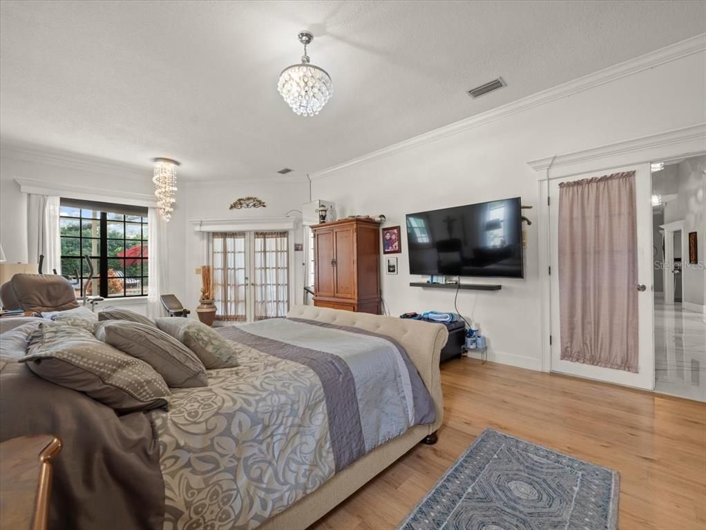 Bedroom, Chandelier, Interior, Wood Texture Flooring