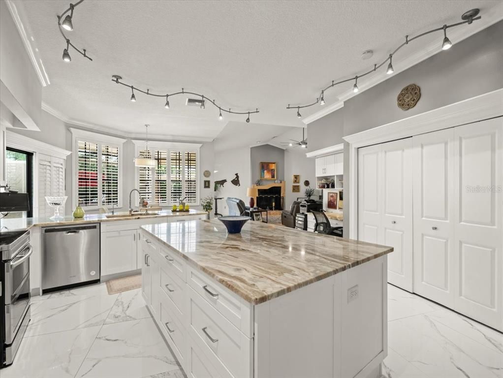Interior, Kitchen, Marble, Pendant Lights, Stainless Steel Appliances