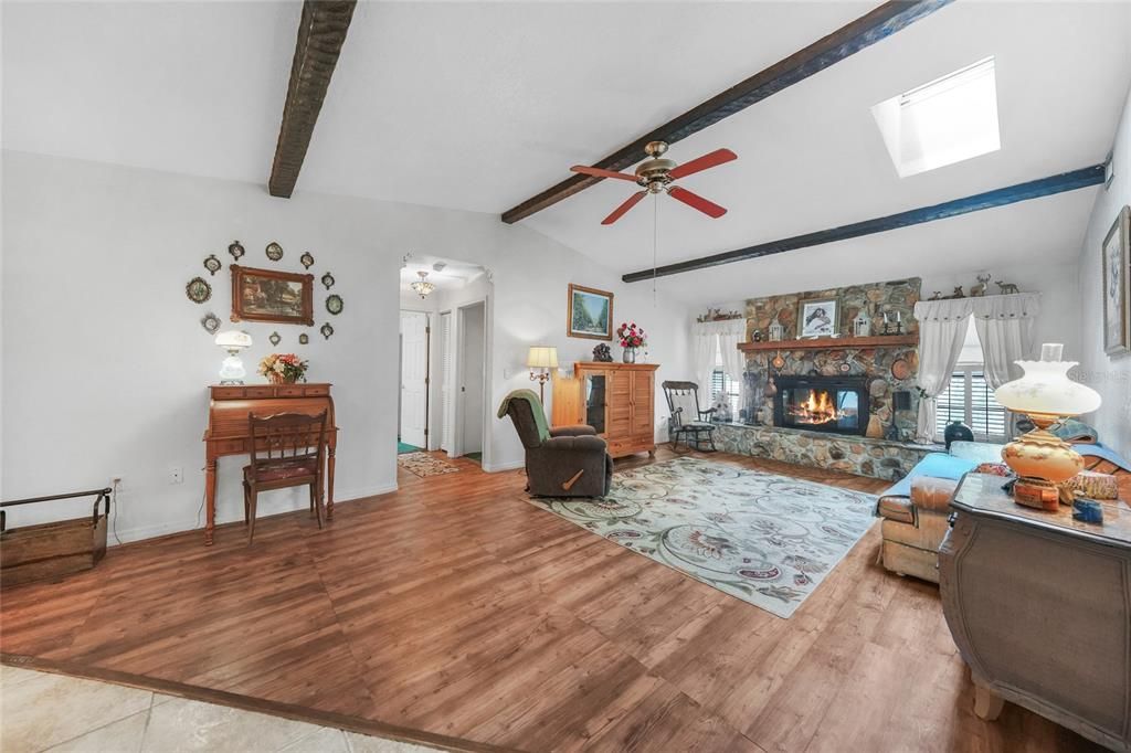 Fireplace, Interior, Living room, Wooden Beams, Wood Texture Flooring