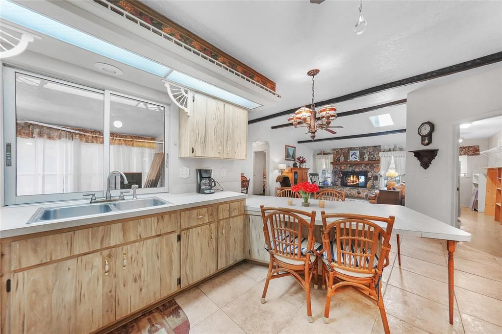 Dining room, Fireplace, Interior, Kitchen, Pendant Lights
