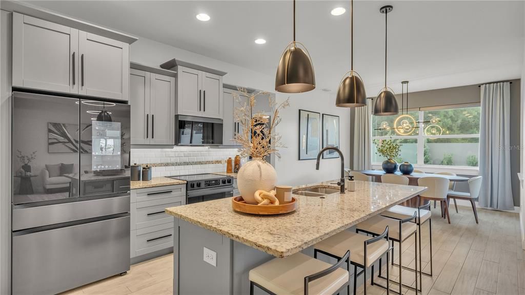 Dining room, Interior, Kitchen, Pendant Lights, Recessed Lighting, Stainless Steel Appliances, Wood Texture Flooring