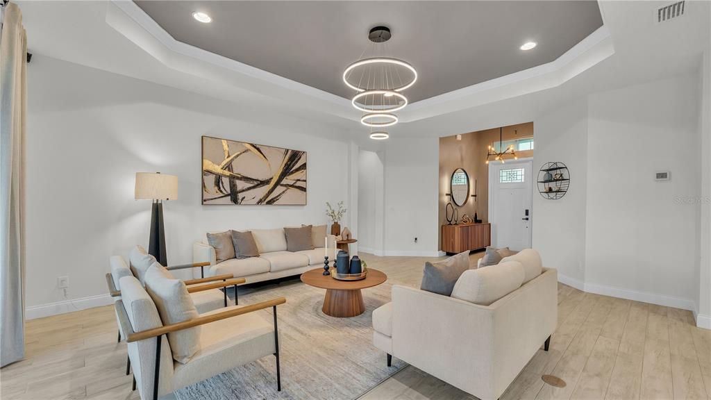Interior, Living room, Pendant Lights, Recessed Lighting, Wood Texture Flooring