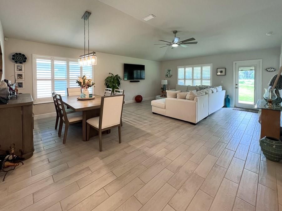 Dining room, Interior, Living room, Pendant Lights, Wood Texture Flooring