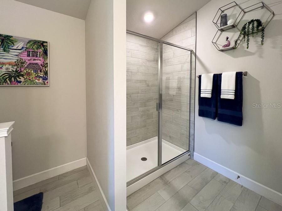 Bathroom, Glass Shower, Interior, Recessed Lighting, Wood Texture Flooring