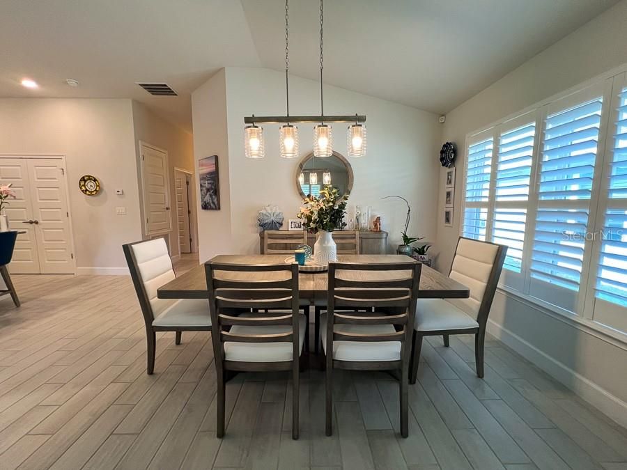 Dining room, Interior, Pendant Lights, Recessed Lighting, Wood Texture Flooring