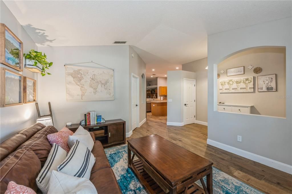 Interior, Kitchen, Living room, Recessed Lighting, Wood Texture Flooring