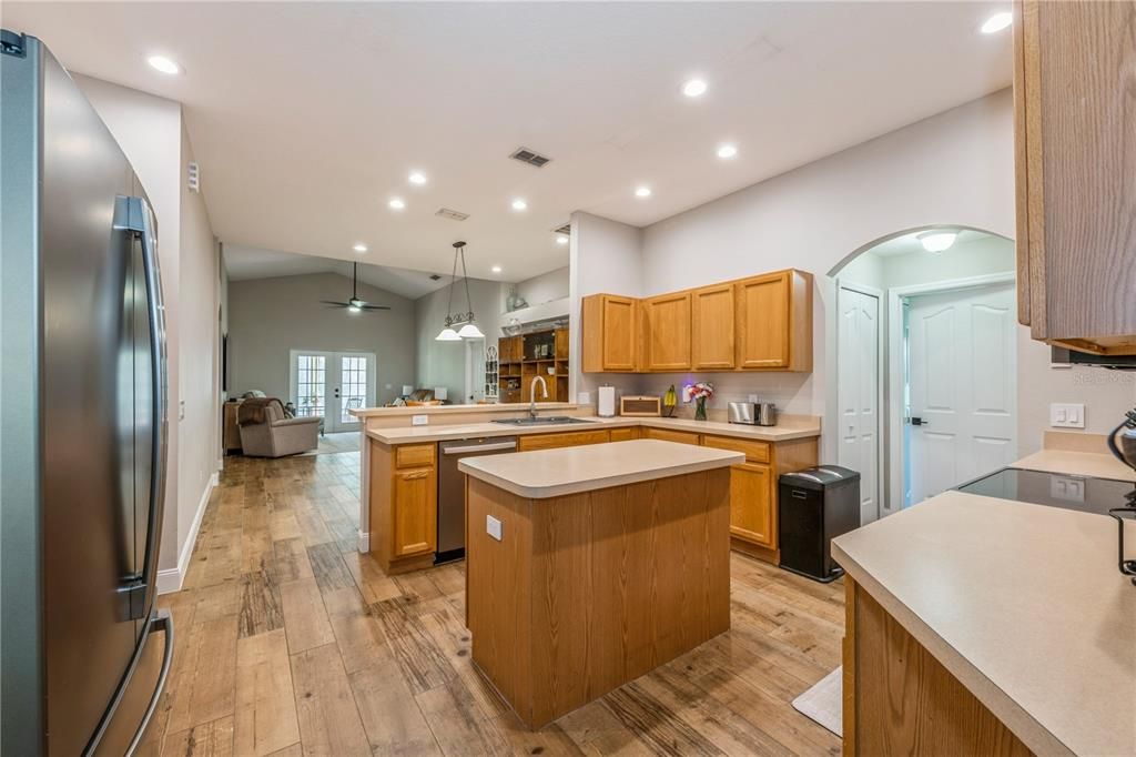 Interior, Kitchen, Pendant Lights, Recessed Lighting, Wood Texture Flooring