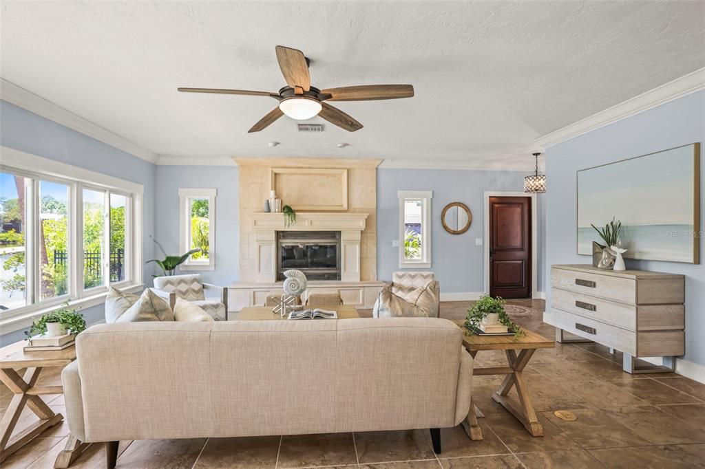 Fireplace, Interior, Living room, Pendant Lights