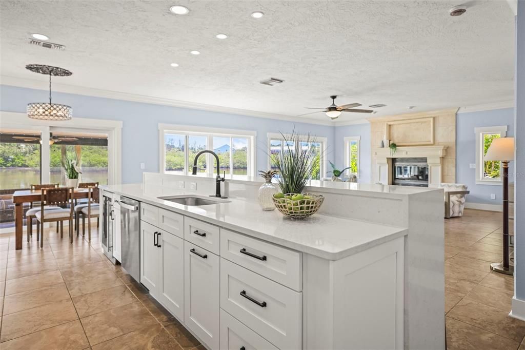 Dining room, Fireplace, Interior, Kitchen, Pendant Lights, Recessed Lighting, Stainless Steel Appliances