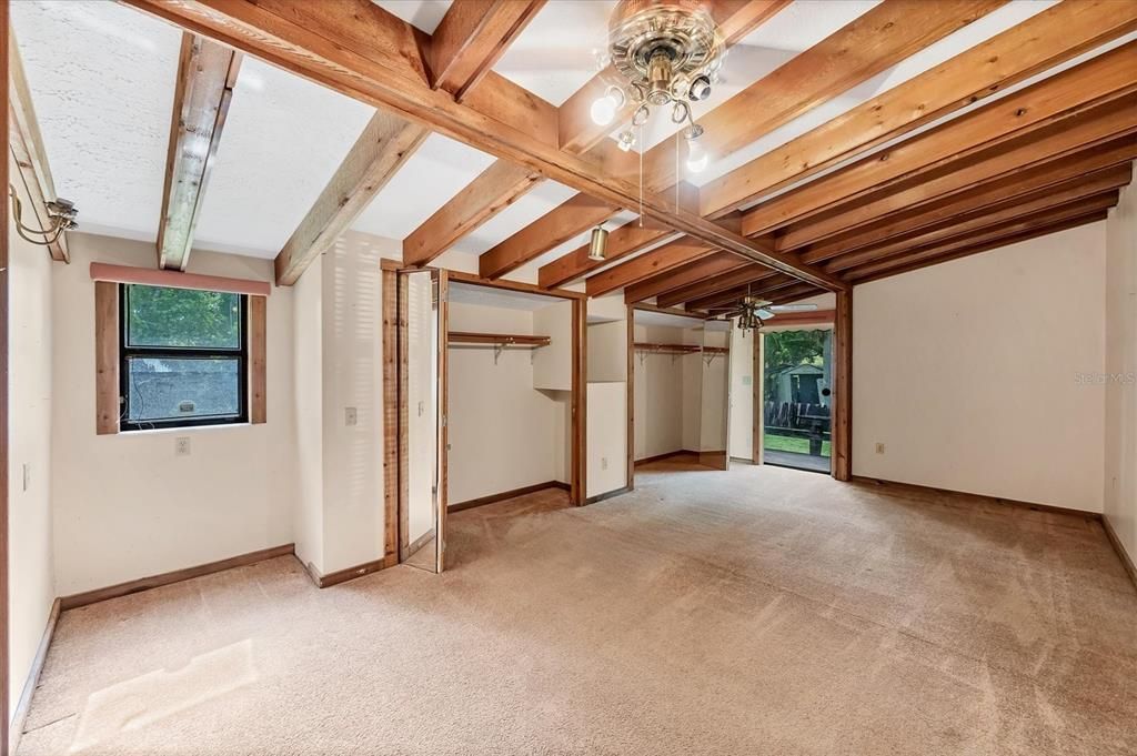 Chandelier, Empty room, Fireplace, Interior, Wooden Beams