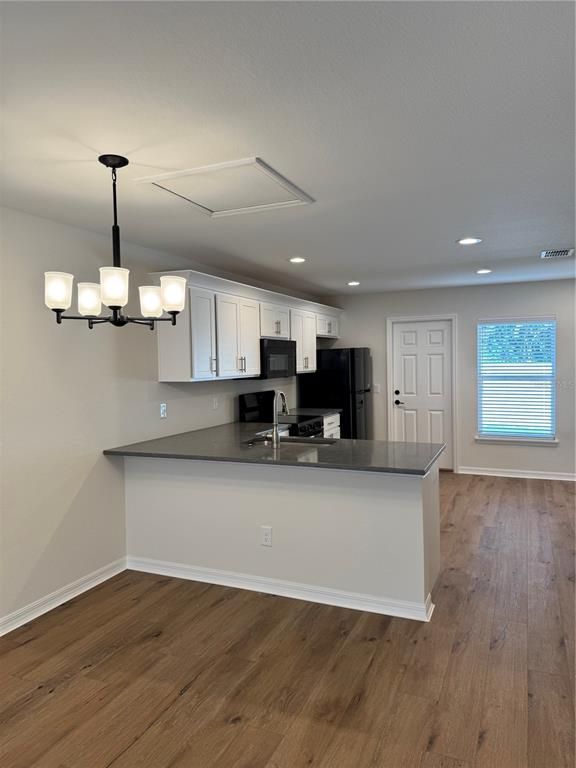 Chandelier, Interior, Kitchen, Recessed Lighting, Wood Texture Flooring