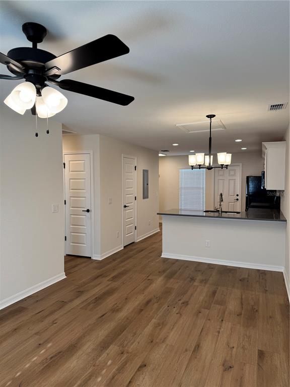 Chandelier, Interior, Kitchen, Recessed Lighting, Wood Texture Flooring