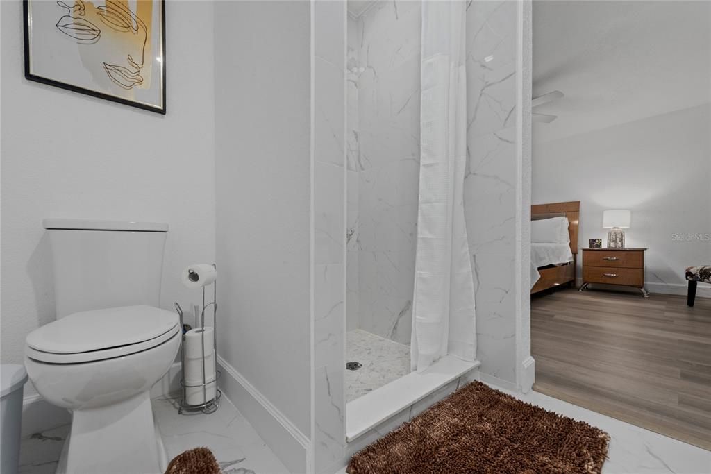 Bathroom, Glass Shower, Interior, Marble, Marble Walls, Wood Texture Flooring