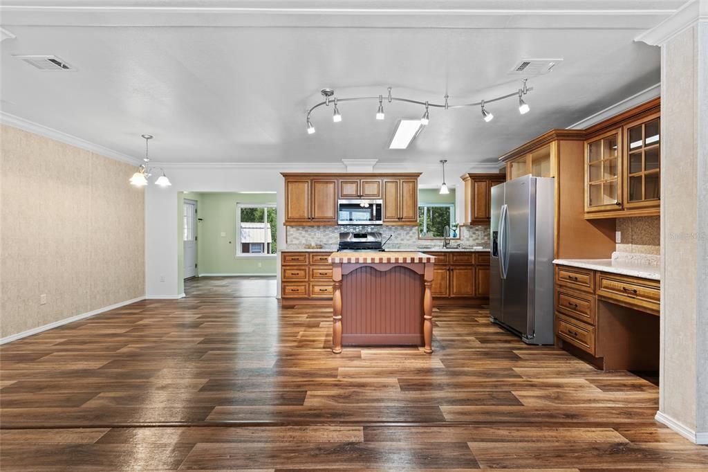 Interior, Kitchen, Pendant Lights, Stainless Steel Appliances, Wood Texture Flooring