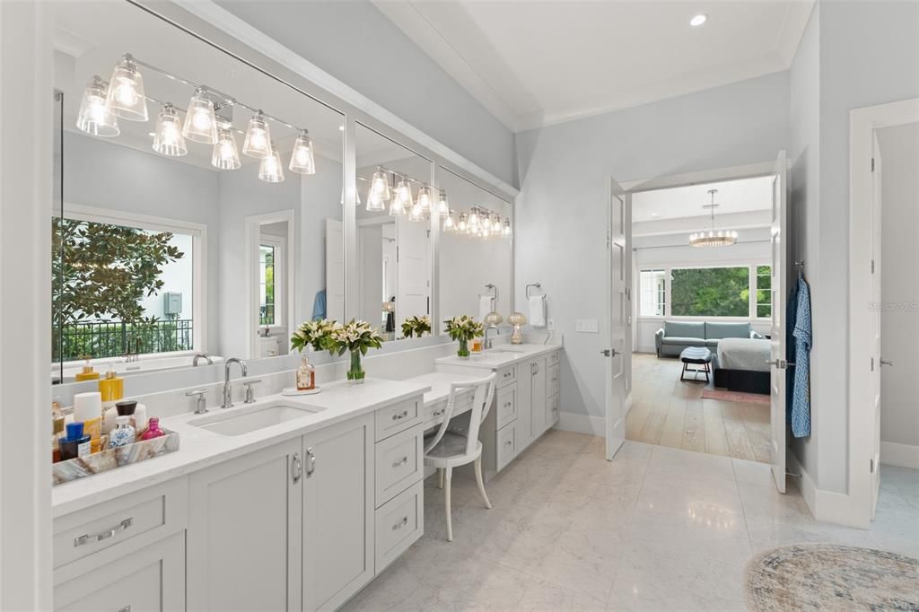 Bathroom, Chandelier, Dual Sink Vanities, Interior, Pendant Lights, Recessed Lighting, Wood Texture Flooring