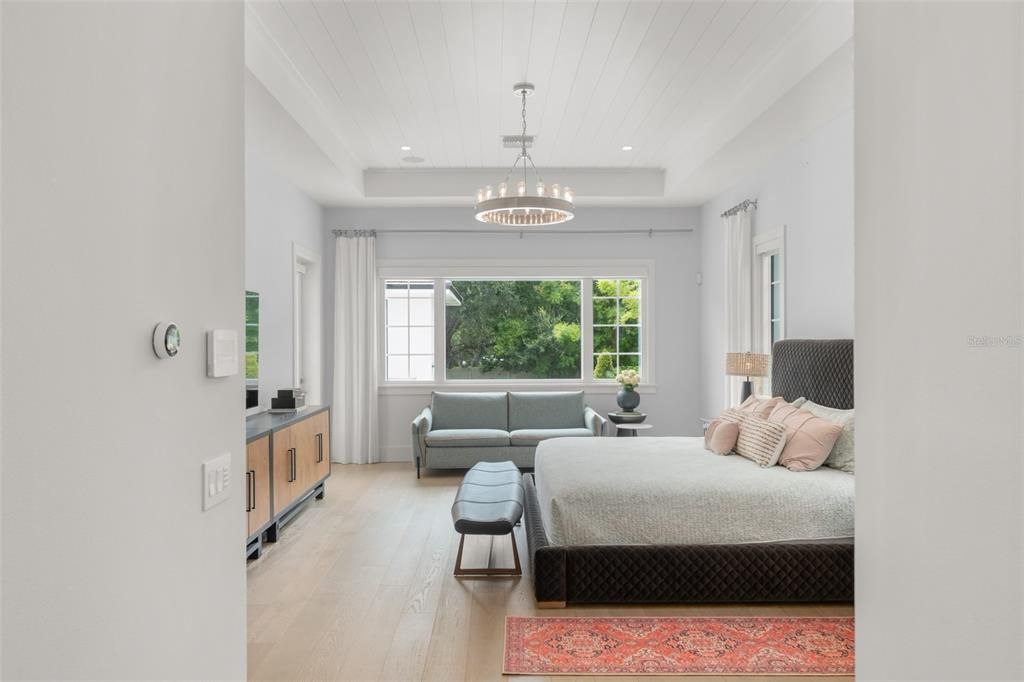 Bedroom, Interior, Pendant Lights, Recessed Lighting, Wood Texture Flooring