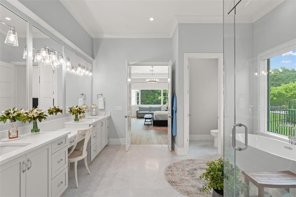 Bathroom, Dual Sink Vanities, Glass Shower, Interior, Pendant Lights, Recessed Lighting, Wood Texture Flooring