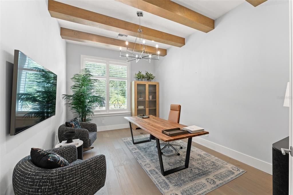 Home Office, Interior, Pendant Lights, Recessed Lighting, Wooden Beams, Wood Texture Flooring