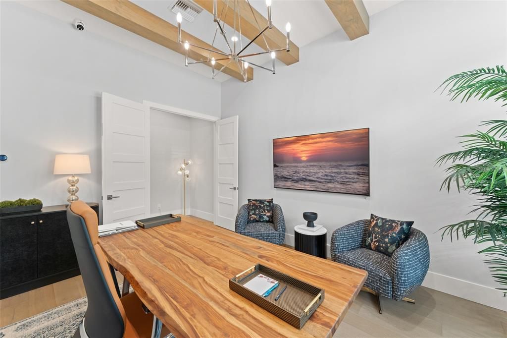 Home Office, Interior, Pendant Lights, Wooden Beams, Wood Texture Flooring
