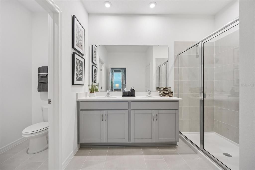 Bathroom, Dual Sink Vanities, Glass Shower, Interior, Recessed Lighting