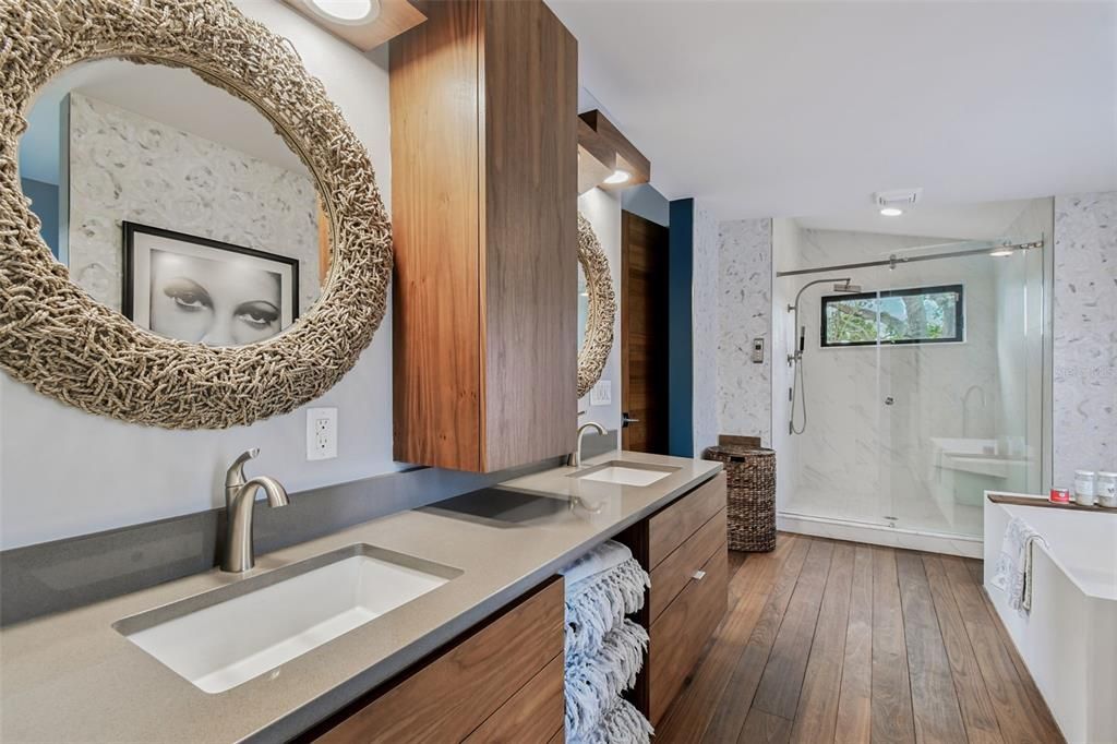 Bathroom, Dual Sink Vanities, Glass Shower, Interior, Marble Walls, Recessed Lighting, Wood Texture Flooring