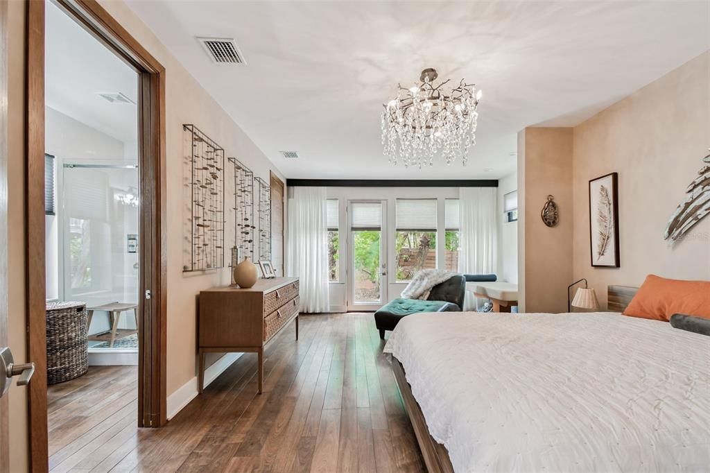 Bedroom, Chandelier, Interior, Wood Texture Flooring