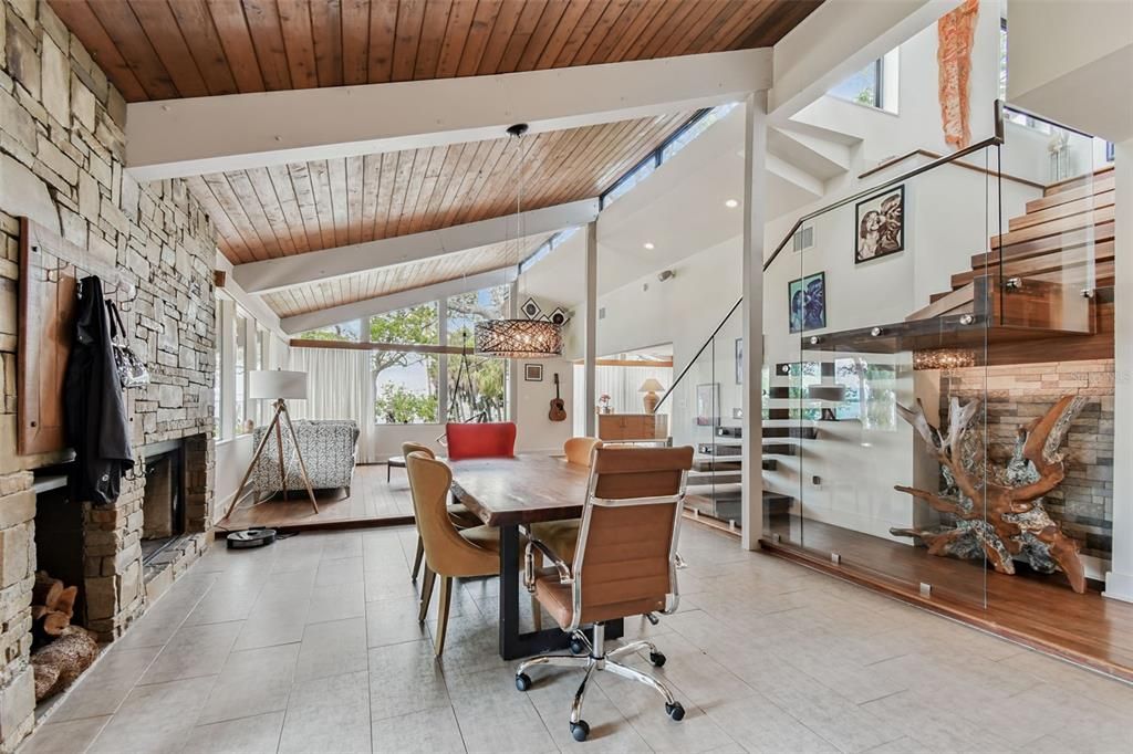 Dining room, Fireplace, Interior, Stone Walls, Wooden Ceilings