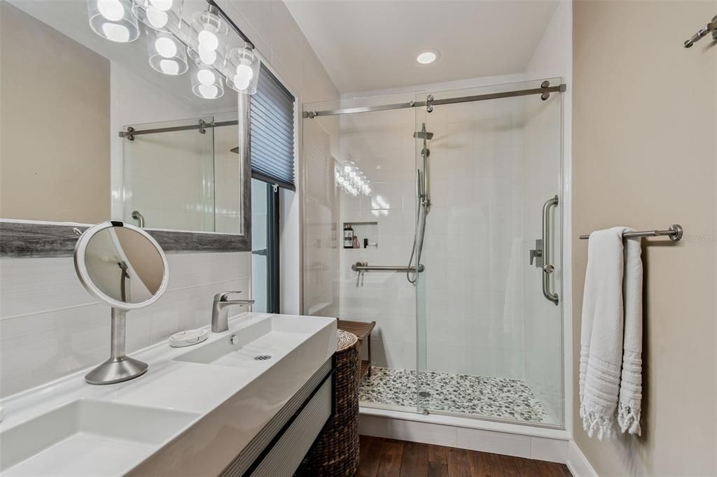 Bathroom, Glass Shower, Interior, Recessed Lighting, Wood Texture Flooring