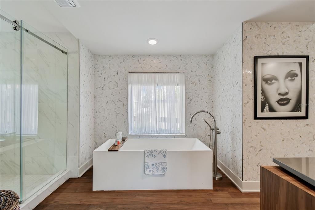 Bathroom, Glass Shower, Interior, Marble Walls, Recessed Lighting, Wood Texture Flooring