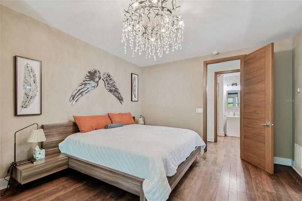 Bedroom, Chandelier, Interior, Pendant Lights, Wood Texture Flooring