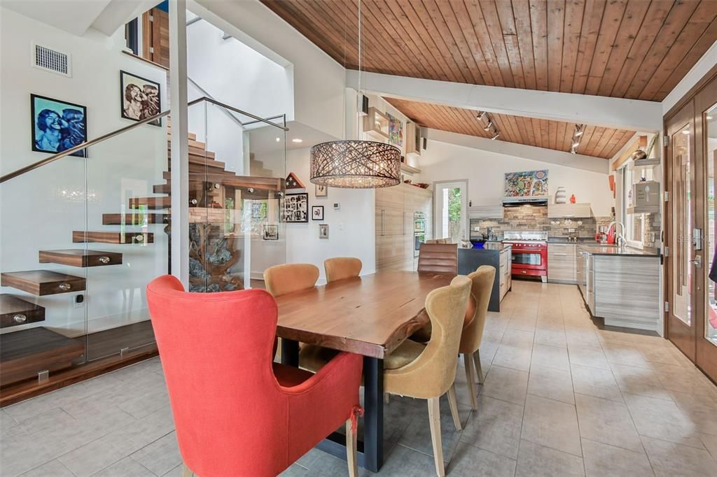Dining room, Interior, Pendant Lights, Recessed Lighting, Wooden Ceilings