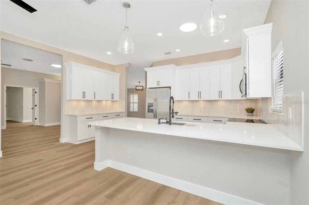 Interior, Kitchen, Pendant Lights, Recessed Lighting, Wood Texture Flooring