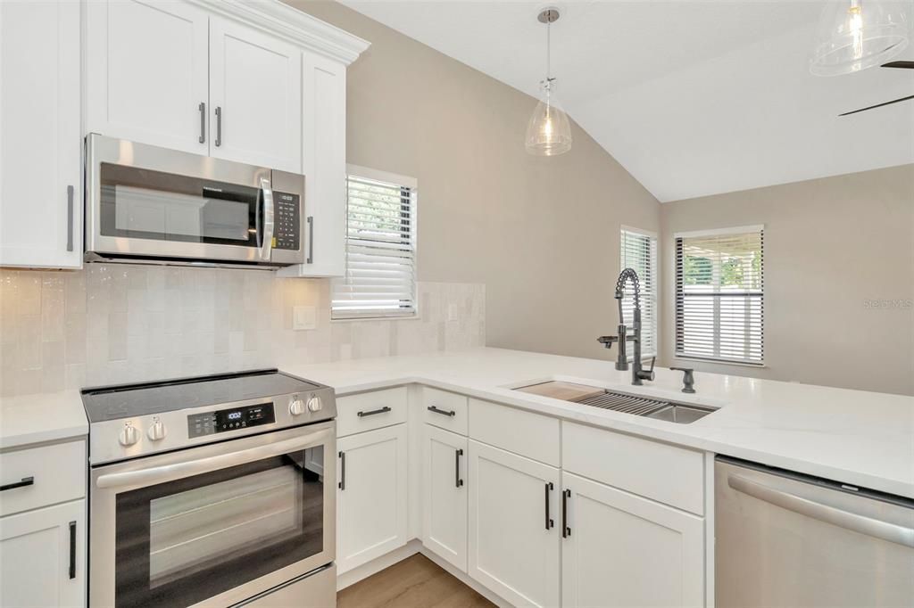 Interior, Kitchen, Pendant Lights, Stainless Steel Appliances, Wood Texture Flooring