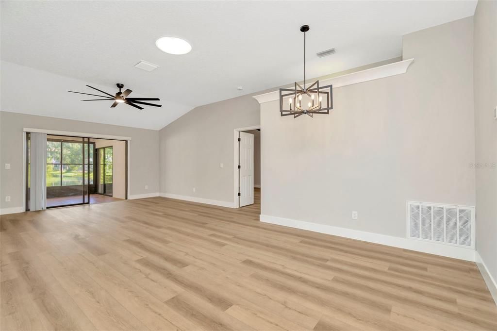 Empty room, Interior, Pendant Lights, Recessed Lighting, Wood Texture Flooring