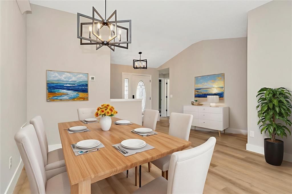 Dining room, Interior, Pendant Lights, Wood Texture Flooring