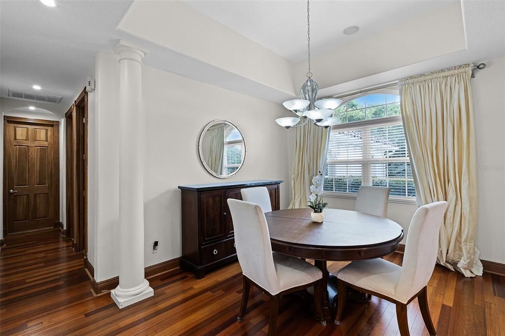 Dining room, Interior, Pendant Lights, Recessed Lighting, Wood Texture Flooring