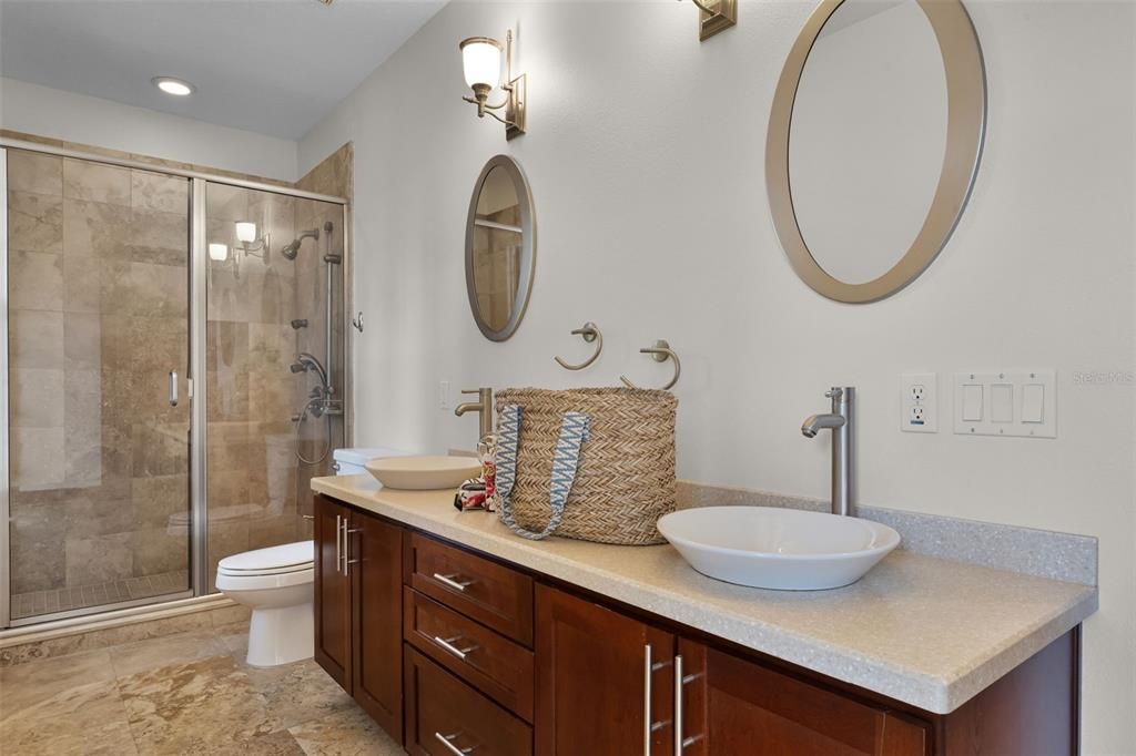 Bathroom, Dual Sink Vanities, Glass Shower, Interior, Recessed Lighting