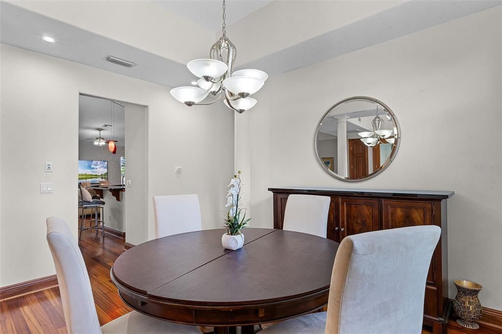 Chandelier, Dining room, Interior, Pendant Lights, Recessed Lighting, Wood Texture Flooring